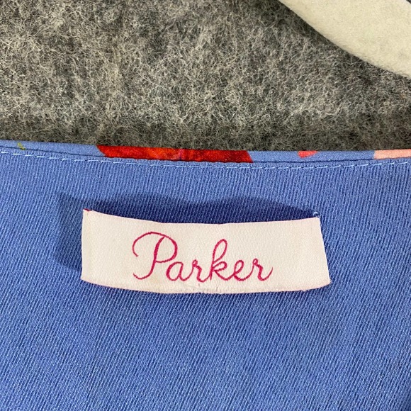 Parker Midi Wrap Dress Small Blue Floral Print Short Sleeve A-Line High-Low - Picture 10 of 11